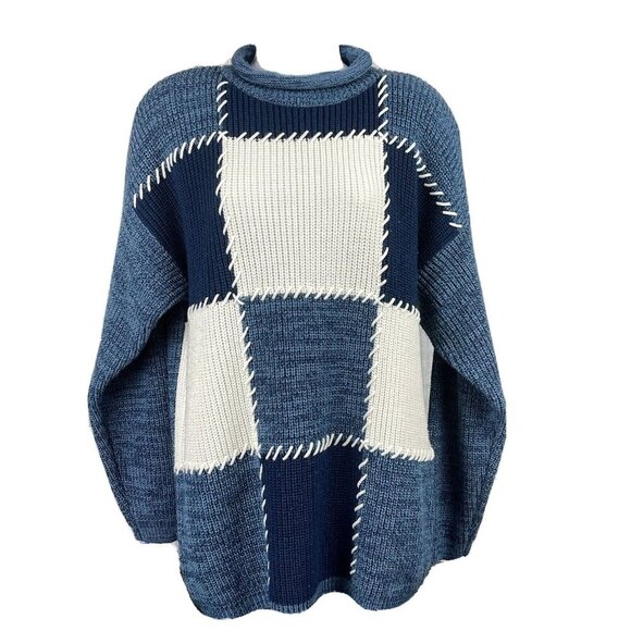 Spice of Life Sweaters - Spice of Life Womens Medium Vintage Long Sleeve Blue White Sweater Patchwork